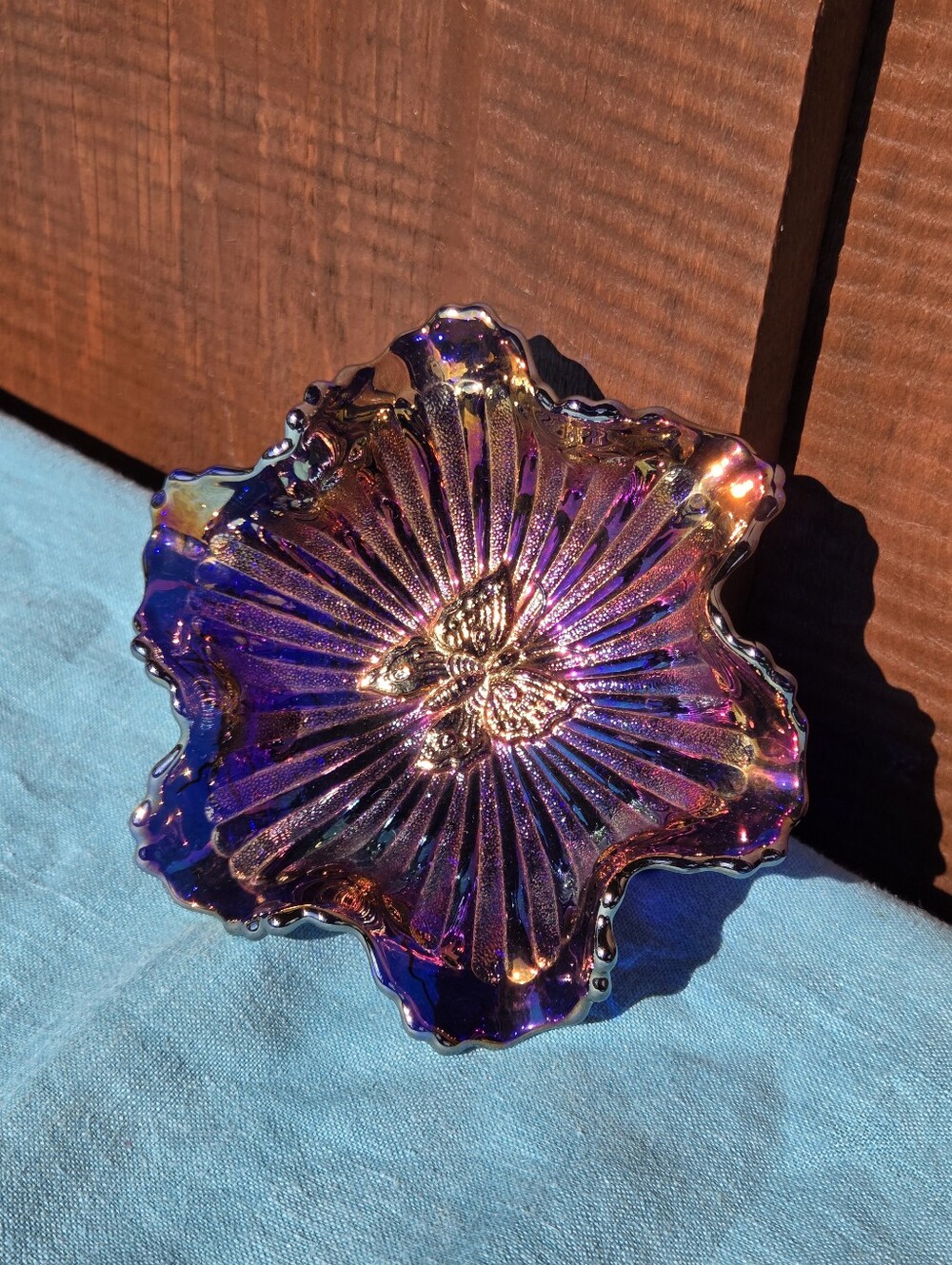 Fenton Blue Purple Carnival Glass Butterfly Leaves Footed Ruffle Bowl